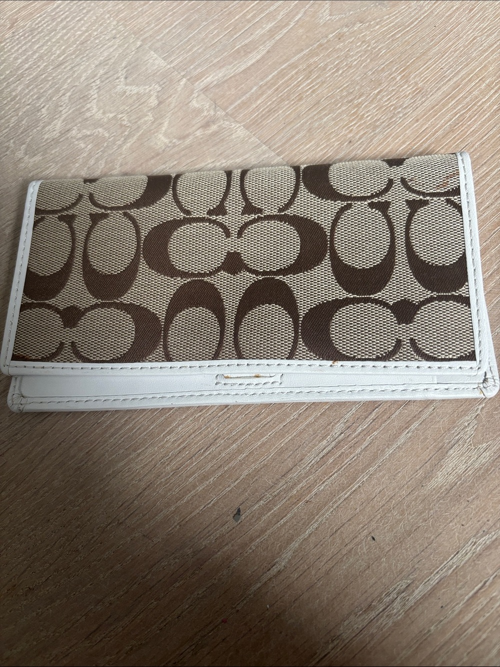 Coach Beige and Brown Signature Continental checkbook cover  with White Trim